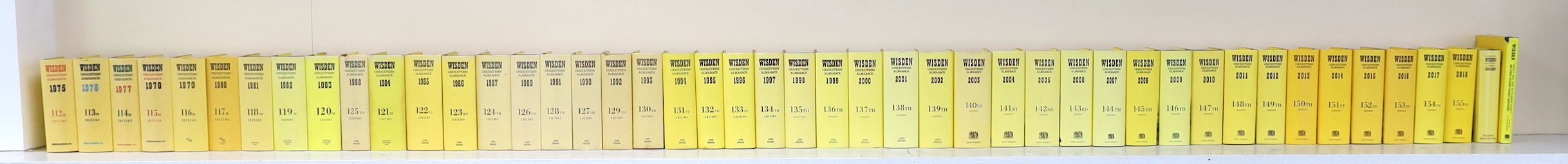 Wisden, John - Cricketers Almanack for the years 1975 (112th edition) - 2018 (155th edition), all hardbacks, with unclipped dust jackets. Together with - An Index to Wisden Cricketers’ Almanack 1864-1984 and Wisden ‘’Wha